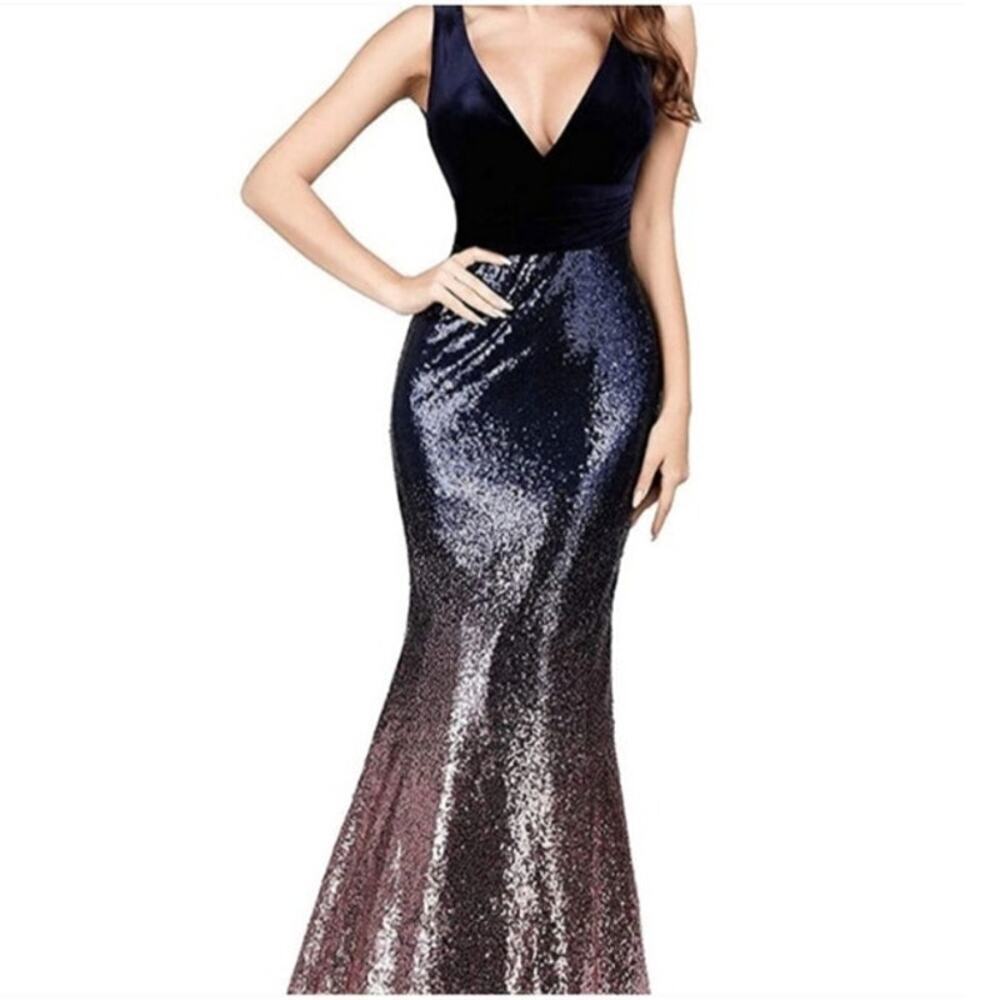 Ever Pretty Velvet Dress Women's 22 NWOT Blue Pink Ombre Sequin Stretch V Neck